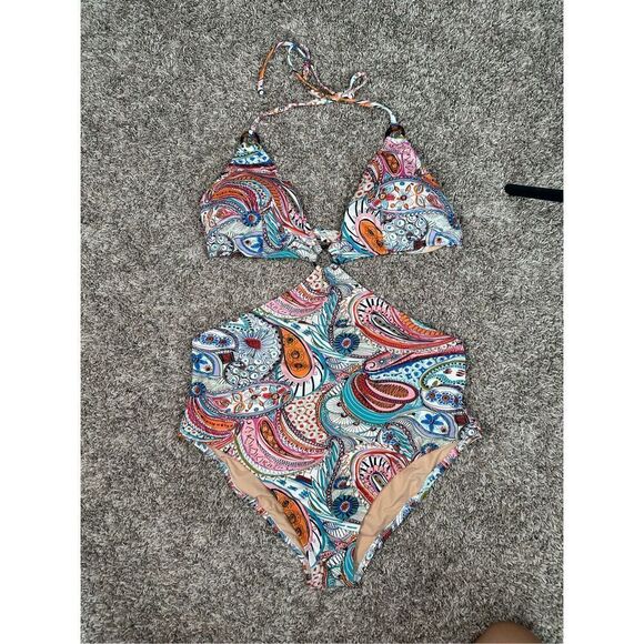 J. Crew scribble floral print cutout one piece swimsuit multi color O rings 12 - Picture 4 of 14
